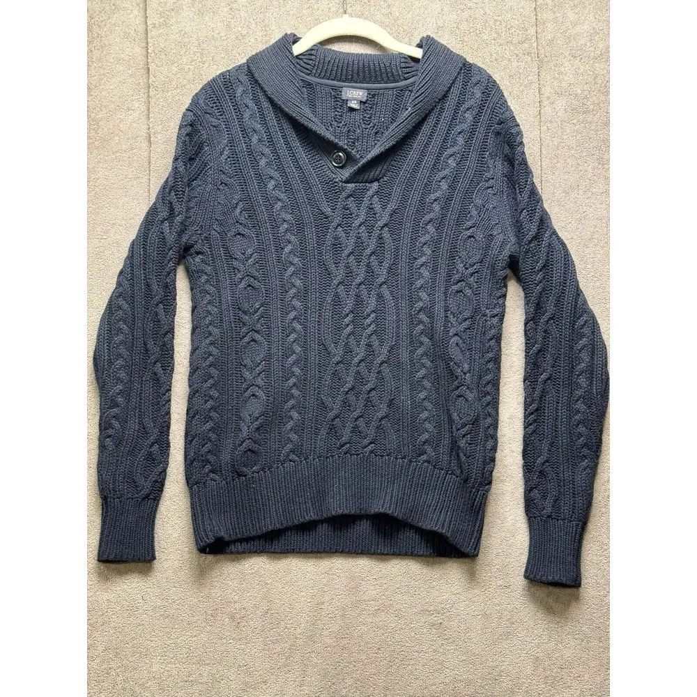 J Crew Sweater Mens XS Blue Cable Knit‎ Shawl Collar Cotton Pullover Fisherman